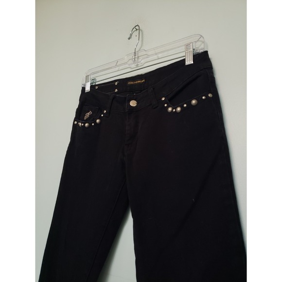 VTG Rocawear Jeans Juniors 3 Blk Pearl Studded Low Rise McBling Y2K Logo Bootcut - Picture 4 of 14
